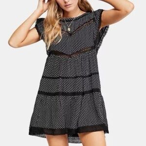 FREE PEOPLE Black Crochet Lace Boho Floral Babydoll Mini Dress Women’s Size M